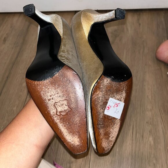 Stuart Weitzman Womans Size 6 Gold Satin Square Toe Pumps High Heel Shoes - Picture 6 of 9